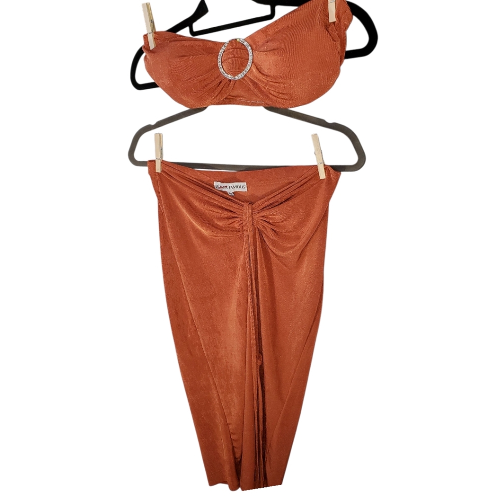 Almost Famous Burnt Orange 2 Piece Bandeau Padded Top Tie Front Skirt Sz L